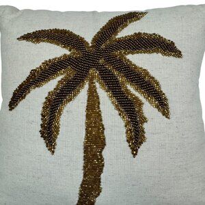 Linen Beaded Palm Tree Small Decorative Pillow With Removable Zippered Cover